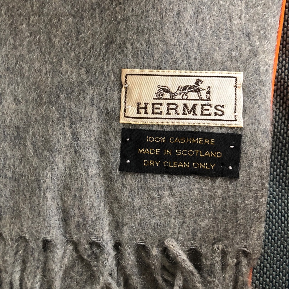 Hermes Grey Cashmere Scarf with Orange Edge